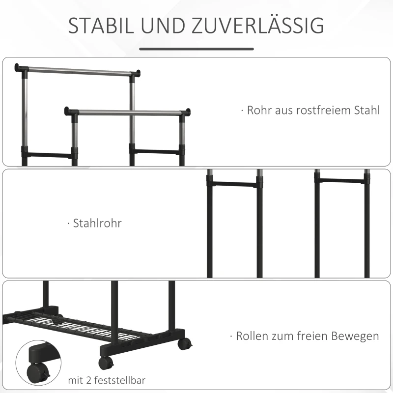 HOMCOM Kleiderständer Garderobenständer mit 2 Kleiderstangen rollbar höhenverstellbar