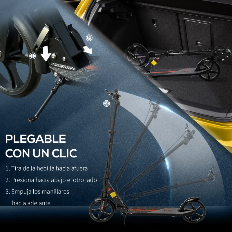 HOMCOM Patinete Plegable para Adultos y Niños de +14 Años Scooter Ligero con Manillar Altura Ajustable Grandes Ruedas Ø200 mm y Freno Aluminio 94x38x90-104 cm Negro