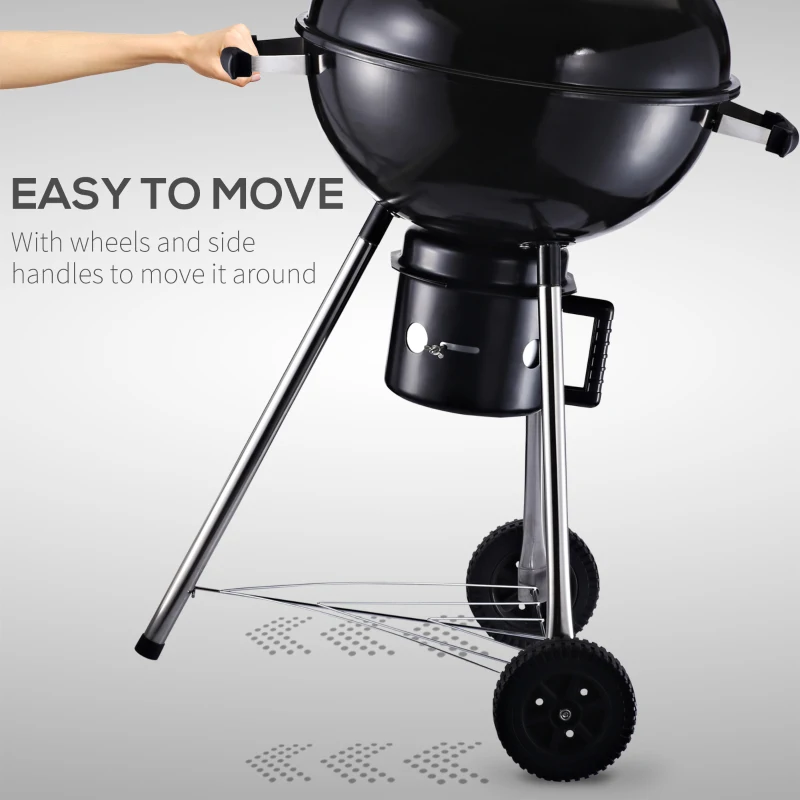 OutSunny Gratar Portabil din fonta cu 2 roti, 2 grile, Capac si Termometru 50x63x94cm