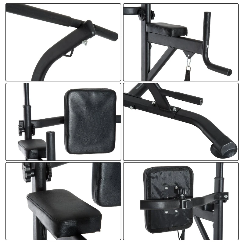 HOMCOM Power Tower Máquina de Musculación Multiestación 5 en 1 Ejercicios Dip Pull-up Flexiones y Abdominales 129x98x172-224cm Marco de Acero y Carga 120kg