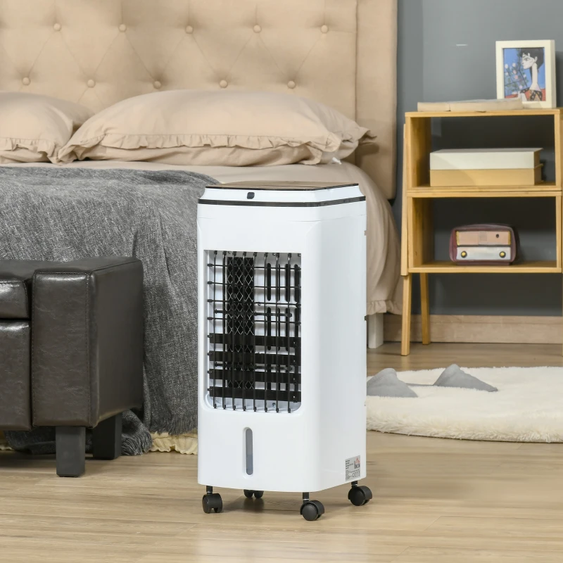 HOMCOM Enfriador de Aire con Ruedas 3 en1 Climatizador Humidificador con Depósito 4L Control Remoto 3 Modos 3 Velocidades Temporizador 7,5h y Pantalla LED Táctil 24,5x28x59 cm Blanco