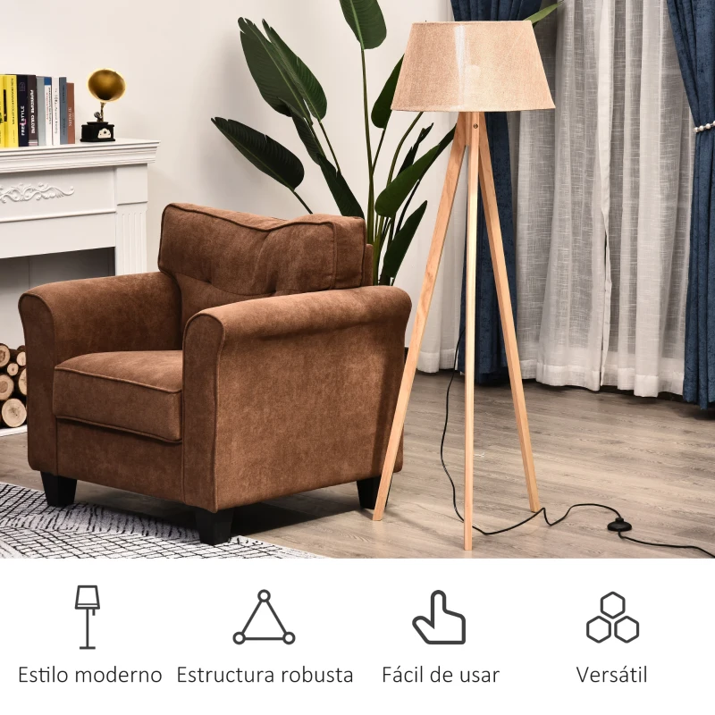 HOMCOM Lámpara de Pie Moderna de Madera para Dormitorio Estudio Salón con Luces E27 40W y Pulsador de Pie con Base Trípode Inoxidable Pantalla de Lino Beige 146cm