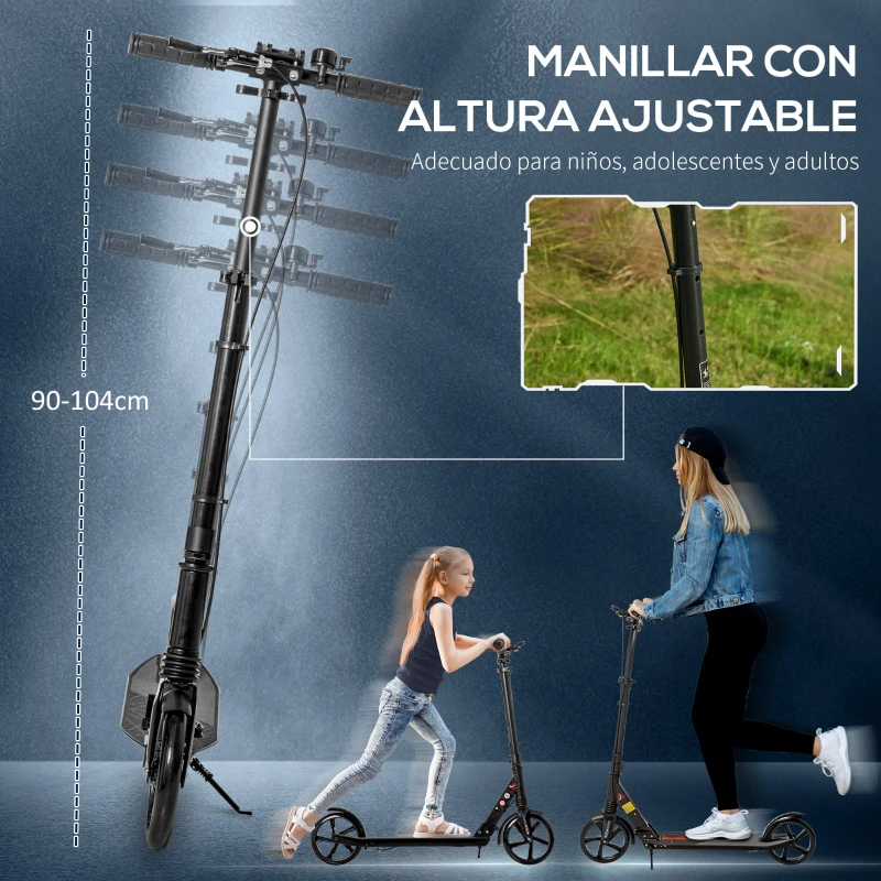 HOMCOM Patinete Plegable para Adultos y Niños de +14 Años Scooter Ligero con Manillar Altura Ajustable Grandes Ruedas Ø200 mm y Freno Aluminio 94x38x90-104 cm Negro