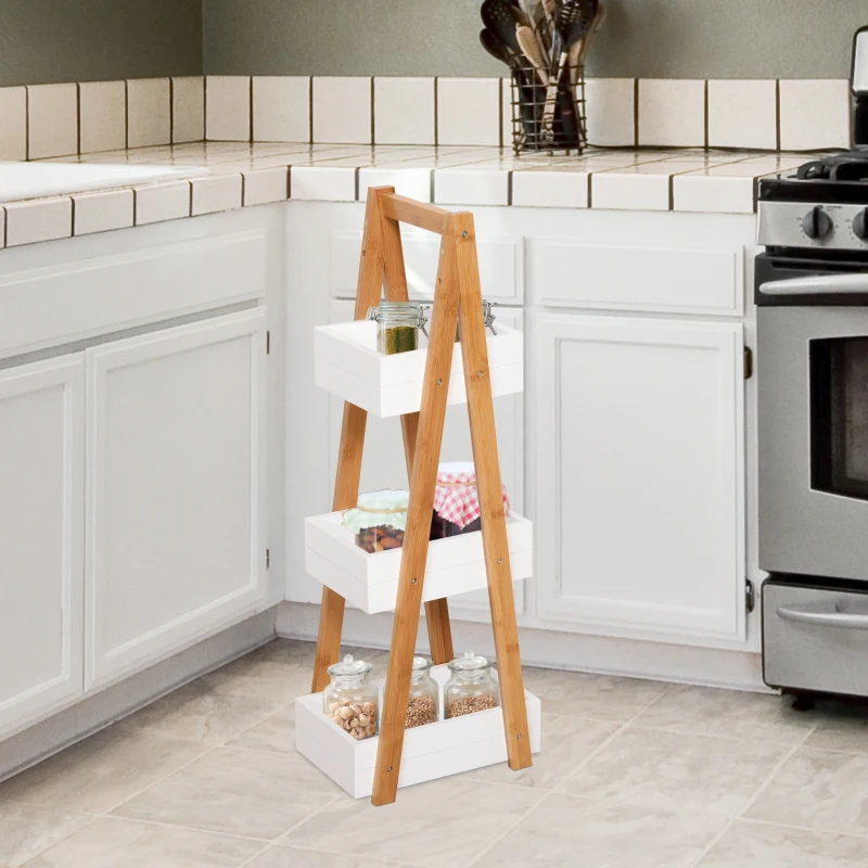 HOMCOM Badkamerstelling ladderrek 3 niveaus ladderkast badkamer opbergkast stelling wit