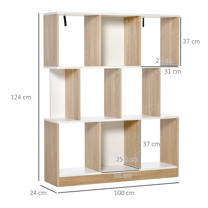 HOMCOM Biblioteca 100×27×124 cm – Lemn Stejar & Alb cu 8 Rafturi