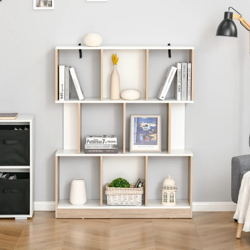 HOMCOM Biblioteca 100×27×124 cm – Lemn Stejar & Alb cu 8 Rafturi