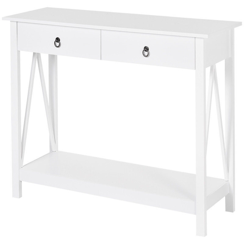 HOMCOM Mesa Auxiliar para la Entrada Con 2 Cajones y 1 Estante Inferior para Gran Espacio de Almacenaje para Muebles de Recibidor Tipo Consola Clásica Vintage 106x36x85cm Blanco