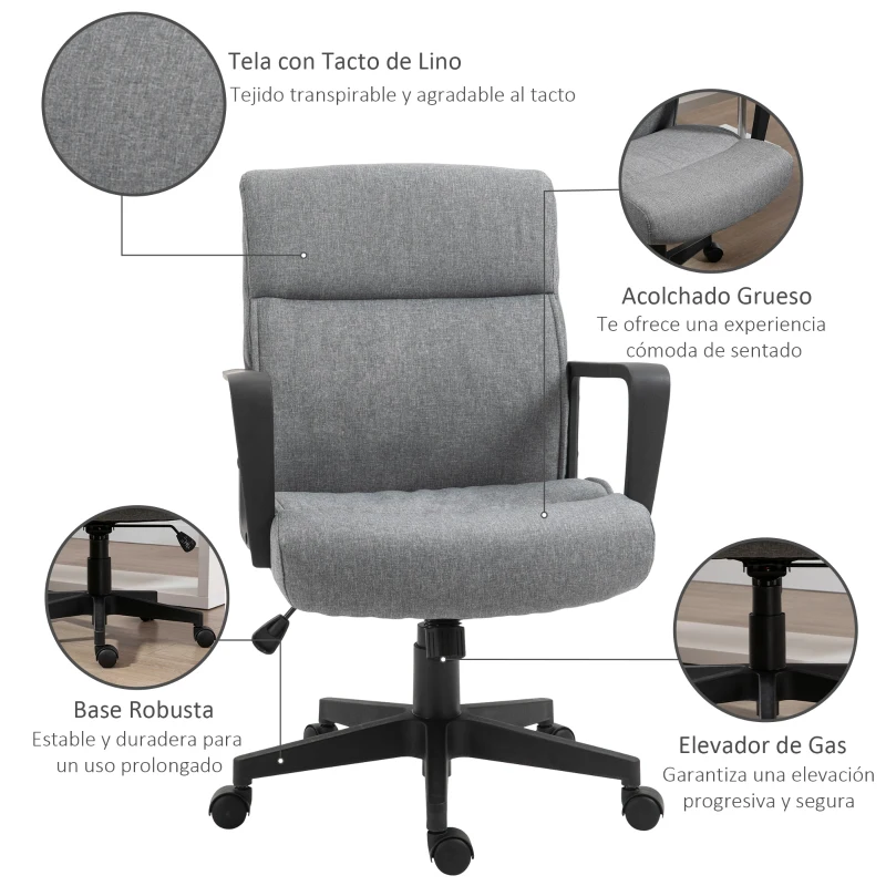 Vinsetto Silla de Oficina Giratoria 360° con Altura Ajustable Silla Escritorio Ergonómica con Reposabrazos Respaldo Acolchado y Tapizado en Lino 60x68x92-101,5 cm Gris