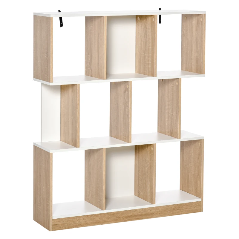 HOMCOM Biblioteca 100×27×124 cm – Lemn Stejar & Alb cu 8 Rafturi