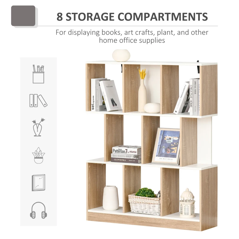 HOMCOM Biblioteca 100×27×124 cm – Lemn Stejar & Alb cu 8 Rafturi