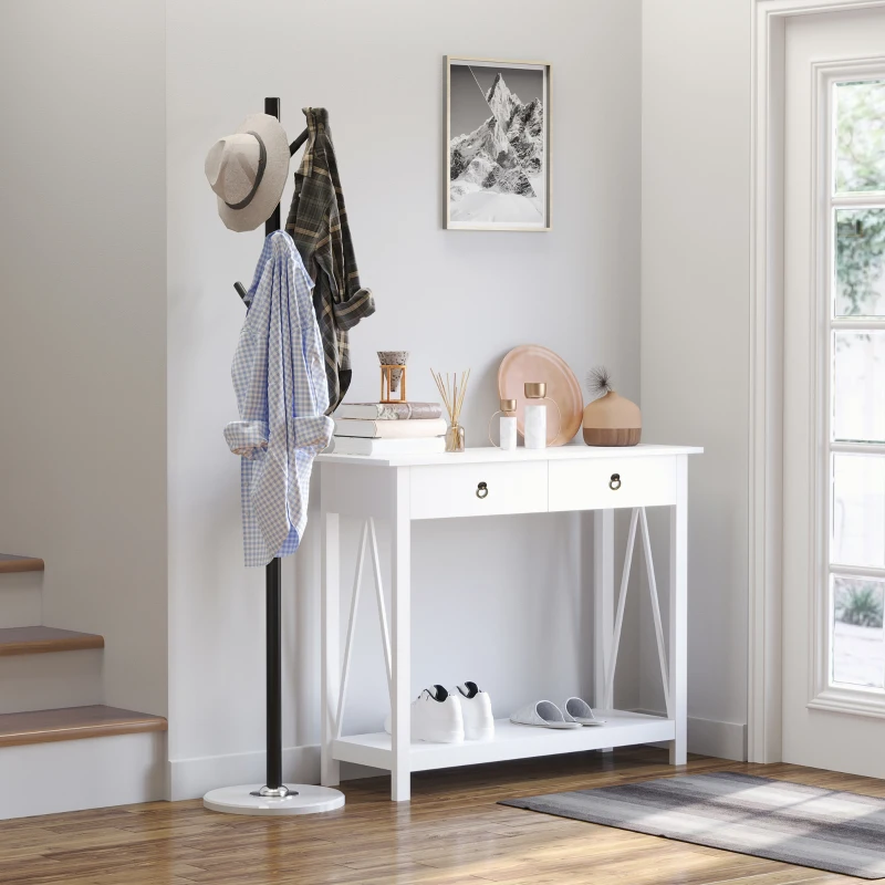 HOMCOM Mesa Auxiliar para la Entrada Con 2 Cajones y 1 Estante Inferior para Gran Espacio de Almacenaje para Muebles de Recibidor Tipo Consola Clásica Vintage 106x36x85cm Blanco