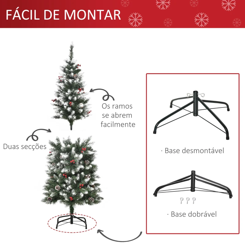 HOMCOM Árvore de Natal Artificial 150cm com 408 Ramos 28 Bagas 24 Pinhas Folhas de PVC e Suporte Metálico para Interiores Verde