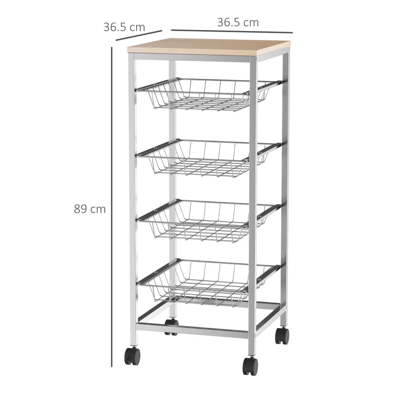 HOMCOM Cărucior de Bucătărie cu 4 Coșuri Detașabile pentru Alimente, 36,5x36,5x89 cm, Argintiu