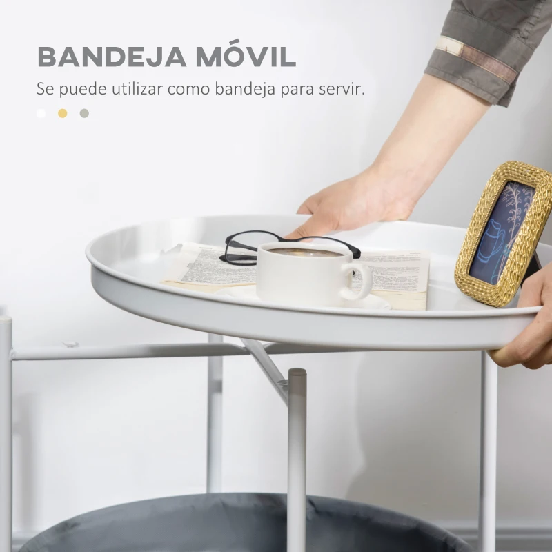 HOMCOM Mesa Auxiliar Moderna con Bandeja y Cesta Extraíble Mesa de Salón Redonda con Marco de Metal 46x46x48 cm Blanco