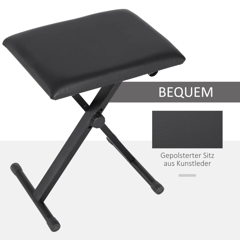 HOMCOM pianokruk pianobank piano bank cosmetische kruk in hoogte instelbaar inklapbaar metaal kunstleer schuimstof zwart 39 x 29 x 45-51 cm