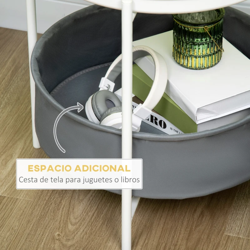 HOMCOM Mesa Auxiliar Moderna con Bandeja y Cesta Extraíble Mesa de Salón Redonda con Marco de Metal 46x46x48 cm Blanco