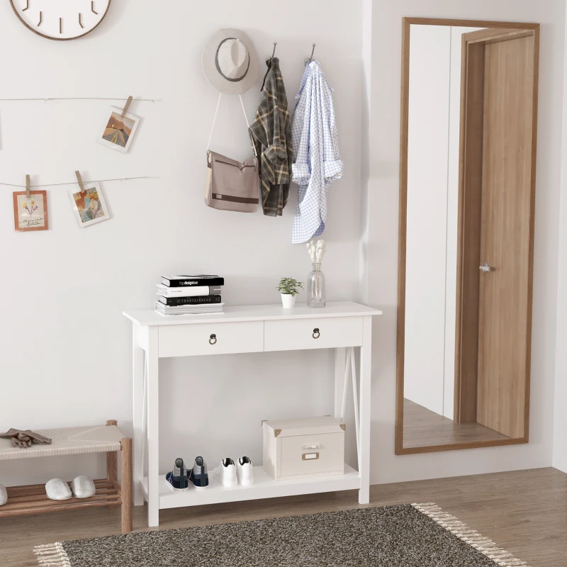 HOMCOM Mesa Auxiliar para la Entrada Con 2 Cajones y 1 Estante Inferior para Gran Espacio de Almacenaje para Muebles de Recibidor Tipo Consola Clásica Vintage 106x36x85cm Blanco