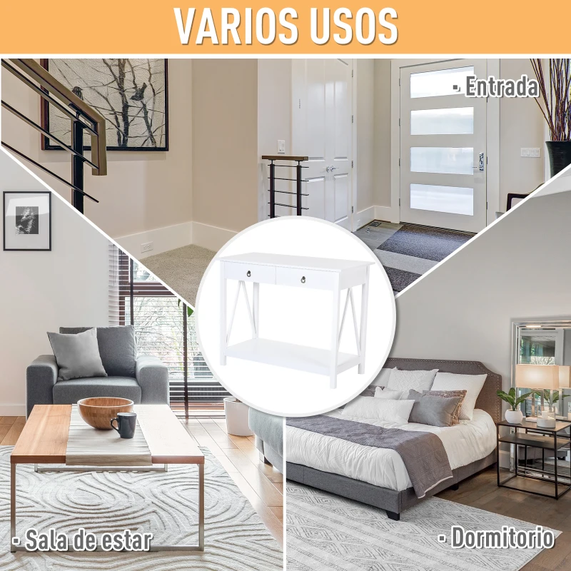 HOMCOM Mesa Auxiliar para la Entrada Con 2 Cajones y 1 Estante Inferior para Gran Espacio de Almacenaje para Muebles de Recibidor Tipo Consola Clásica Vintage 106x36x85cm Blanco