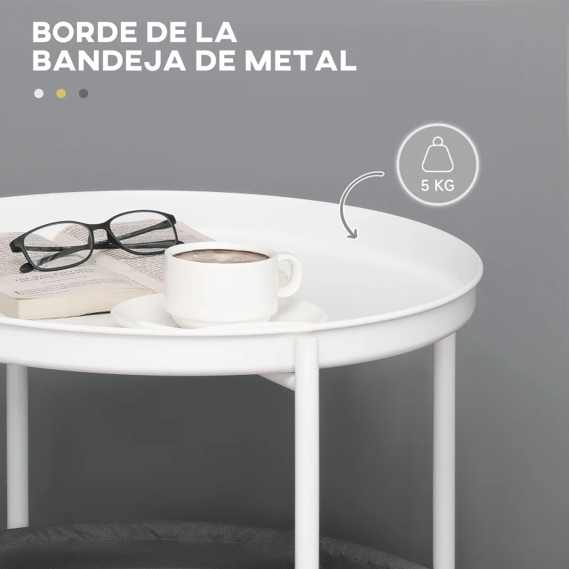 HOMCOM Mesa Auxiliar Moderna con Bandeja y Cesta Extraíble Mesa de Salón Redonda con Marco de Metal 46x46x48 cm Blanco