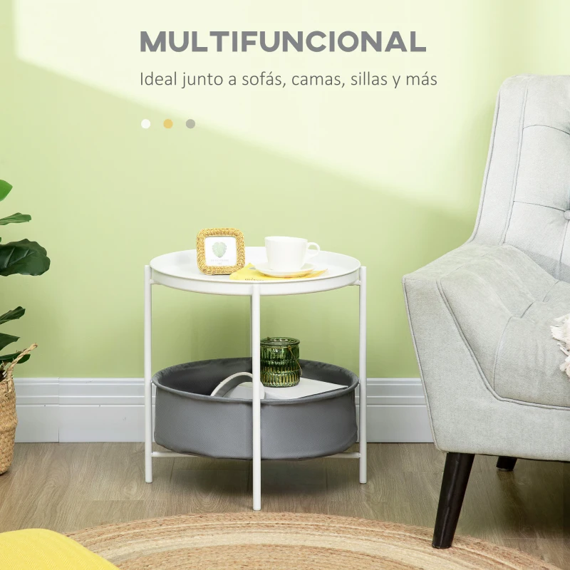 HOMCOM Mesa Auxiliar Moderna con Bandeja y Cesta Extraíble Mesa de Salón Redonda con Marco de Metal 46x46x48 cm Blanco