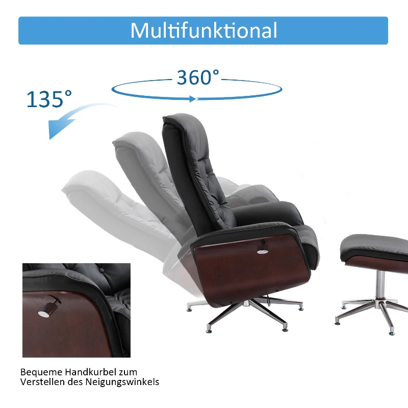 HOMCOM Krzesło TV z podnóżkiem tapicerowane fotel obrotowy 145° odchylany