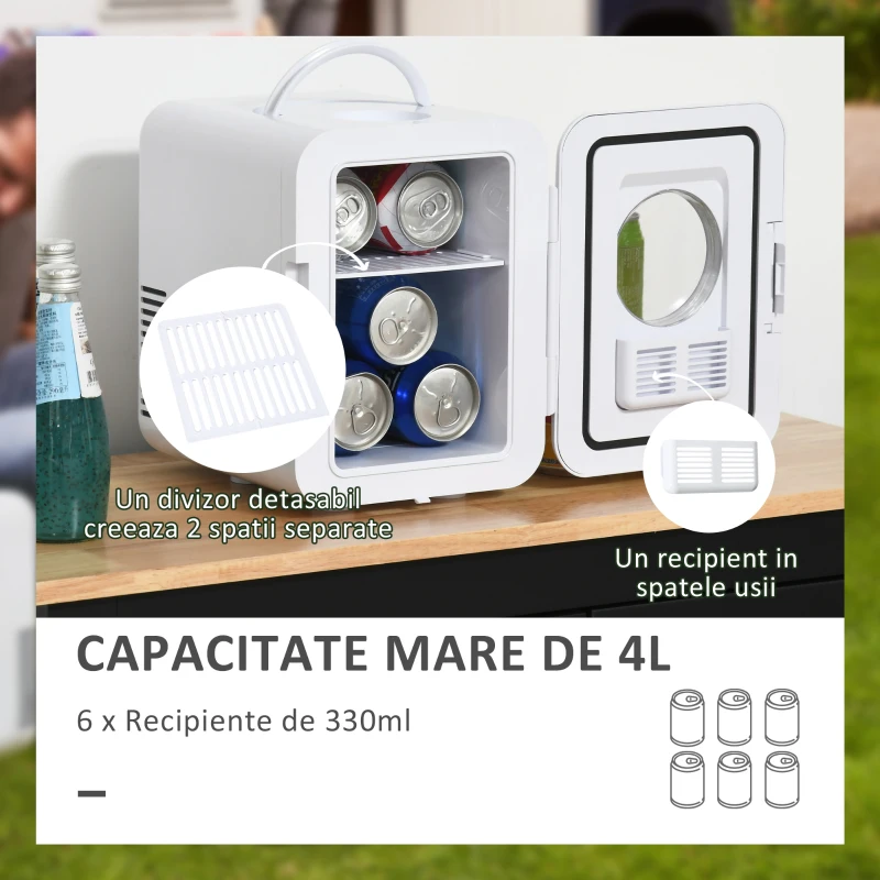 HOMCOM Mini-frigider de 4L/6 cutii, Racitor si incalzitor portabil AC+DC pentru produse de ingrijire a tenului, machiaje, cosmetice, alimente, pentru dormitor, acasa, rulota, masina, Alb