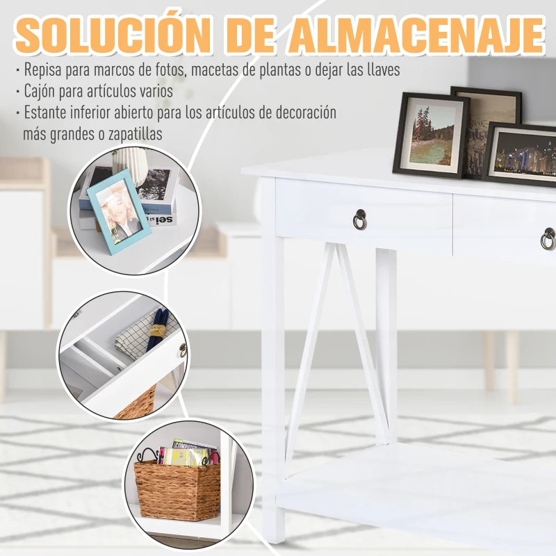 HOMCOM Mesa Auxiliar para la Entrada Con 2 Cajones y 1 Estante Inferior para Gran Espacio de Almacenaje para Muebles de Recibidor Tipo Consola Clásica Vintage 106x36x85cm Blanco