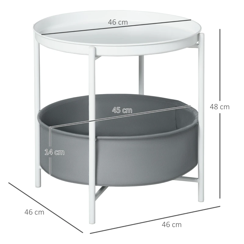 HOMCOM Mesa Auxiliar Moderna con Bandeja y Cesta Extraíble Mesa de Salón Redonda con Marco de Metal 46x46x48 cm Blanco