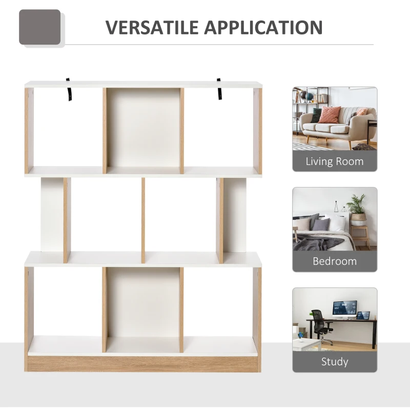 HOMCOM Biblioteca 100×27×124 cm – Lemn Stejar & Alb cu 8 Rafturi