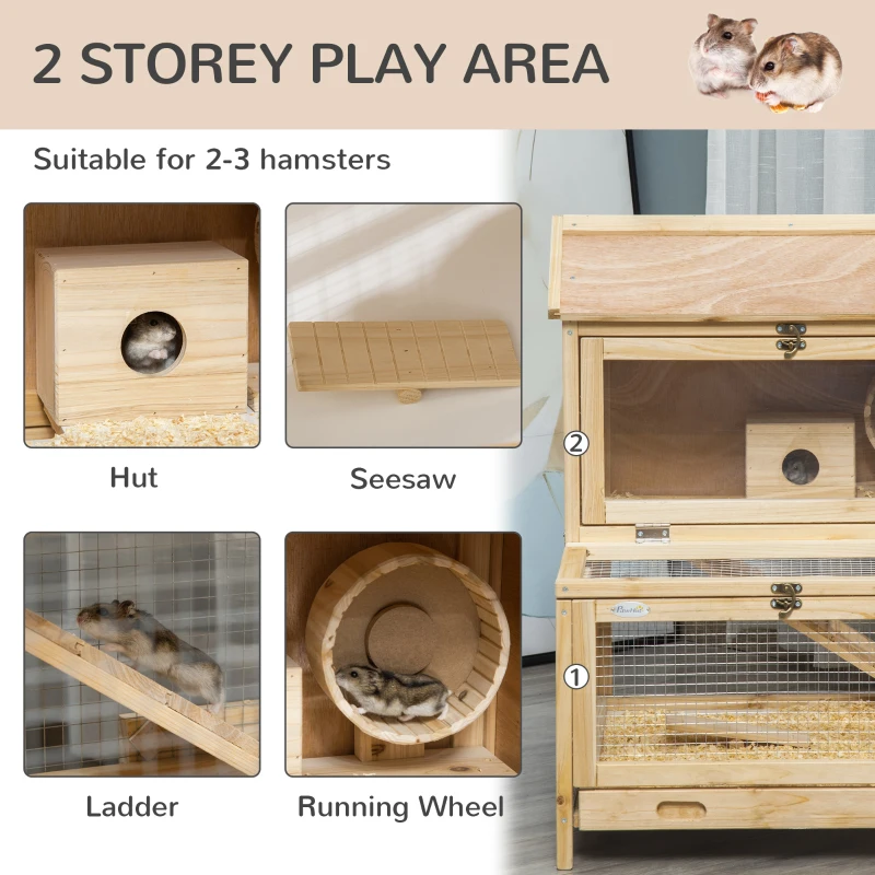 PawHut 2 Tiers Wooden Hamster Cage, Small Animal Cage Hutch with Pull-Out Tray, Openable Top, Ladder, Seesaw, Running Wheel