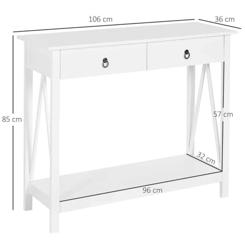 HOMCOM Mesa Auxiliar para la Entrada Con 2 Cajones y 1 Estante Inferior para Gran Espacio de Almacenaje para Muebles de Recibidor Tipo Consola Clásica Vintage 106x36x85cm Blanco