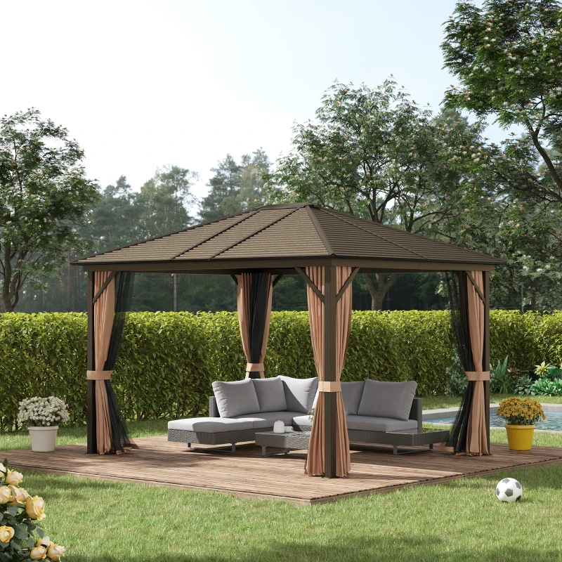 Outsunny Pérgola para Jardim com Parede Lateral e Rede Mosquiteira 365x300x265 cm Marrom
