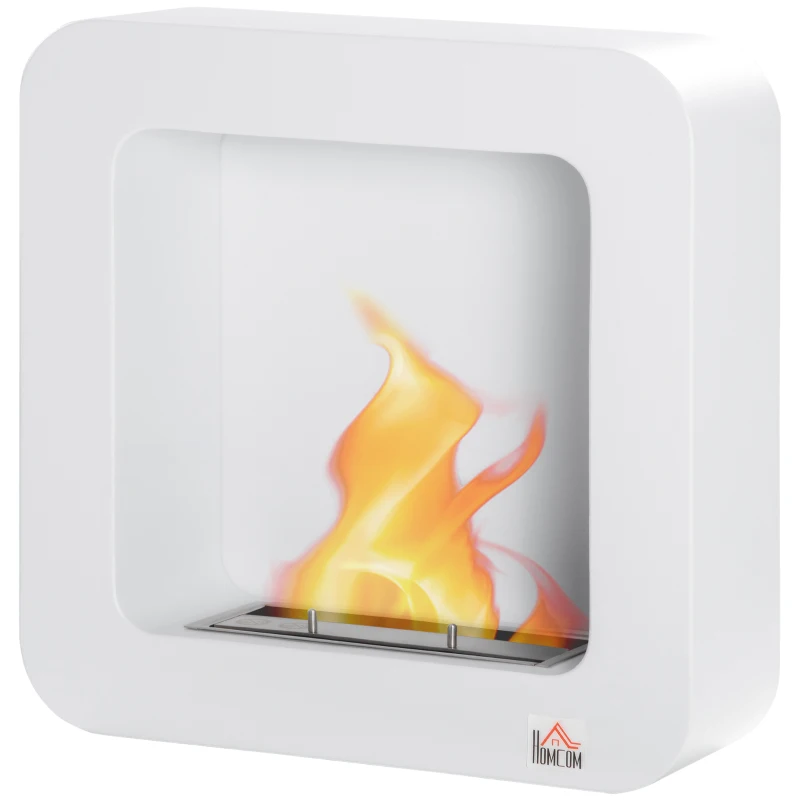 HOMCOM Ethanol-Kamin Bio-Ethanol-Brenner Feuerschale 1L 2,5 Std. Brenndauer 20m² Wandkamin mit Feuerlöschdeckel aus Edelstahl Metall Weiß 48 x 18 x 48 cm