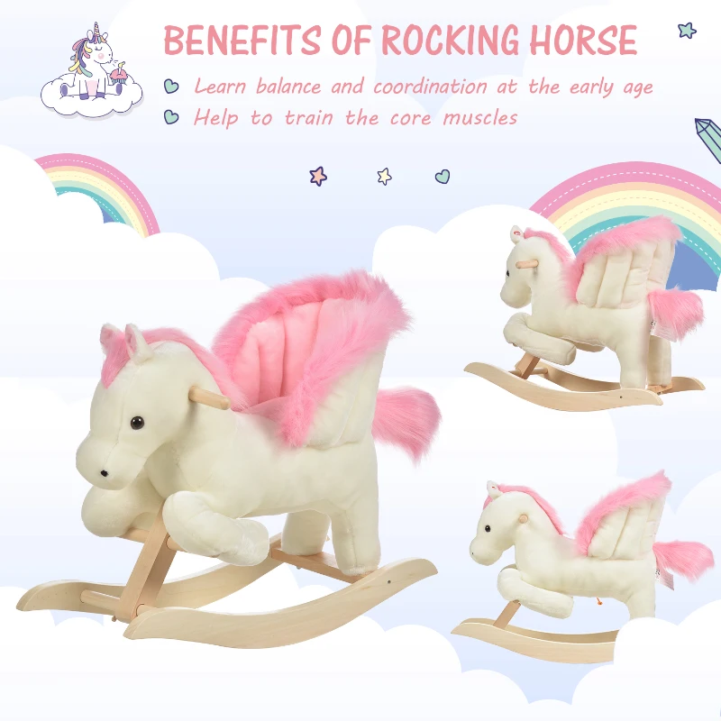 HOMCOM Kids Plush Ride On Rocking Horse with Sound Handle Grip Wide Seat for Child 18-36 Months Rocking Toy for Toddler Grey