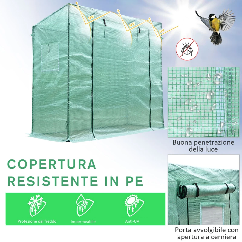 Outsunny Serra da Giardino Porta Avvolgibile a Cerniera in PE(Polietilene 140g/m²) , Serra da Balcone con Telaio in Acciaio Tubi Metallici Verniciati a Polvere 200x73x168cm