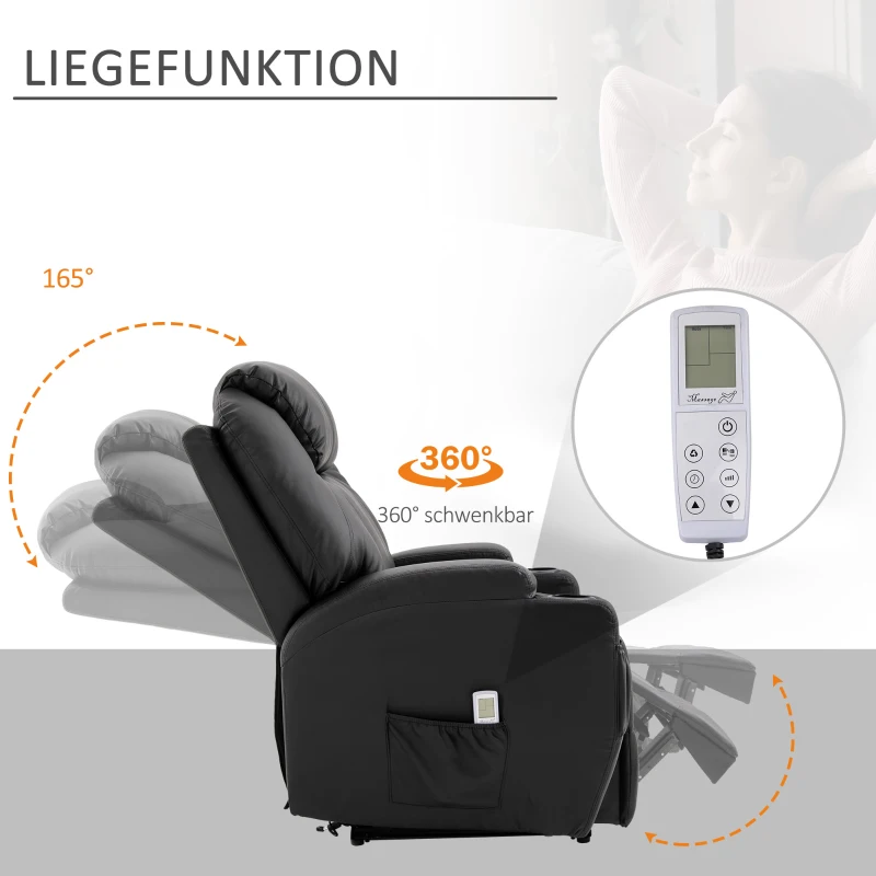 HOMCOM massagestoel, relaxstoel, tv-stoel, massagefunctie, ligfunctie, kunstleer hout metaal schuimstof, zwart, 82 x 97 x 110 cm