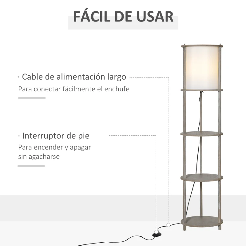 HOMCOM Lámpara de Pie de Madera Casquillo E27 Máx. 40W IP20 con 3 Estantes de Almacenaje Interruptor de Pie Lámpara de Suelo para Salón Dormitorio Oficina 35x35x154 cm Blanco