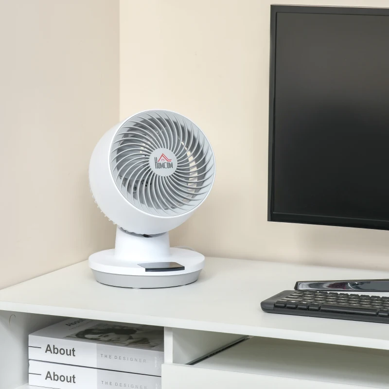 HOMCOM Ventilador de Escritorio 45 W Ventilación de Mesa con 3 Aspas Pantalla LED Oscilación de 55° 3 Velocidades Temporizador y Mando de Distancia Ø20,2x28,2 cm Blanco