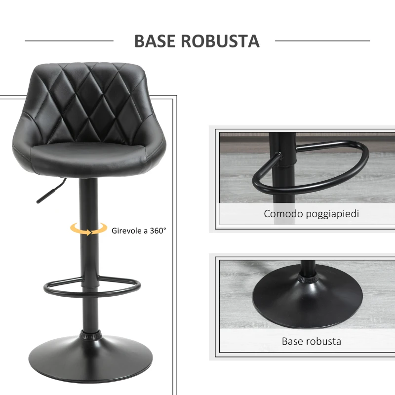 HOMCOM Set 2 Sgabelli da Bar Moderni e Girevoli con Altezza Regolabile, Schienale e Poggiapiedi, Seduta in Similpelle Imbottita per Cucina, Nero 46.5x48x84.5-106.5cm