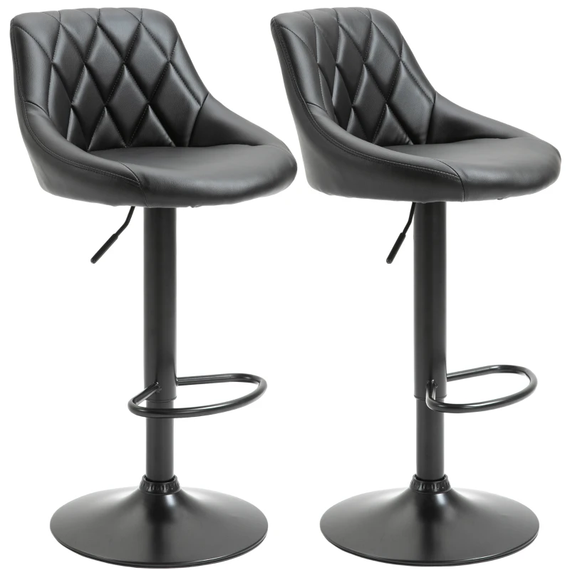 HOMCOM Set 2 Sgabelli da Bar Moderni e Girevoli con Altezza Regolabile, Schienale e Poggiapiedi, Seduta in Similpelle Imbottita per Cucina, Nero 46.5x48x84.5-106.5cm