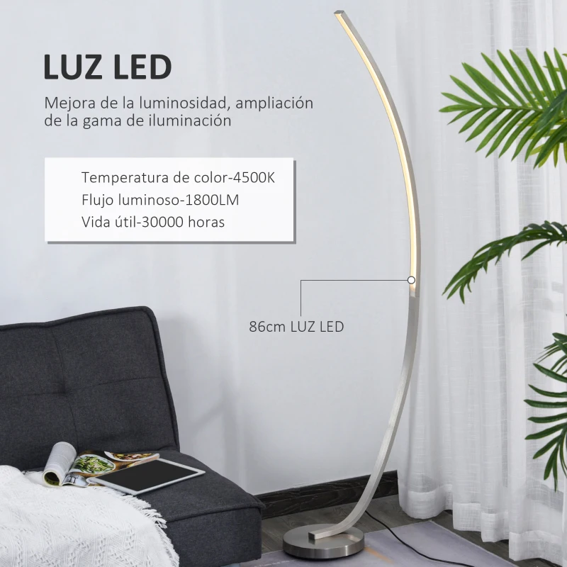 HOMCOM Lámpara de Pie de Aluminio con Luz LED Amarilla Cálida Base de Metal Interruptor de Pie Diseño Elegante Potencia Max. 18 W 50x23x149 cm Plateado