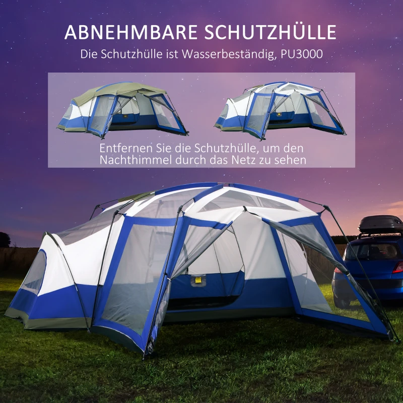 Outsunny Camping Tent 6-8 Persoons Familietent met Vestibule Glasvezel Blauw