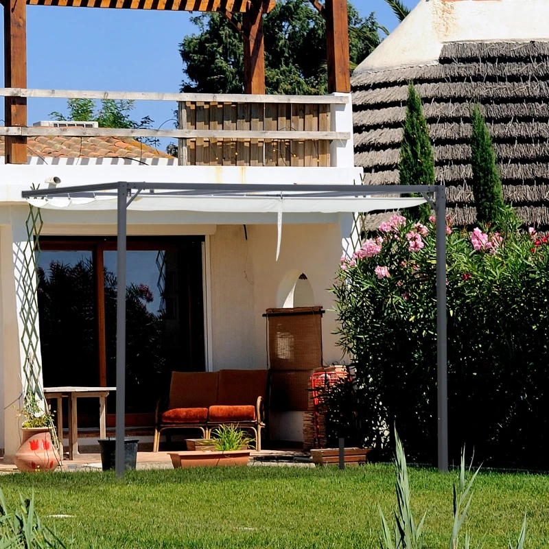 Outsunny Pergola 3 x 3 m met stoffen dak Weerbestendig polyester crème voor wandmontage