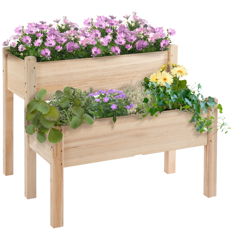 Outsunny verhoogd bed 2-laagse koude frame plantenbak met 8 drainagegaten massief hout
