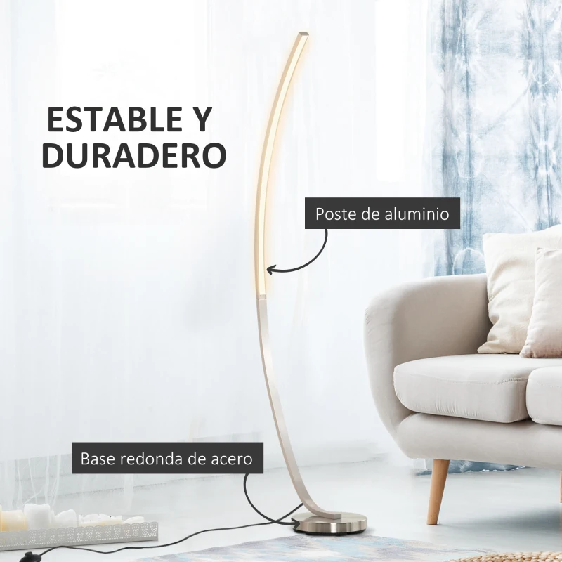 HOMCOM Lámpara de Pie de Aluminio con Luz LED Amarilla Cálida Base de Metal Interruptor de Pie Diseño Elegante Potencia Max. 18 W 50x23x149 cm Plateado
