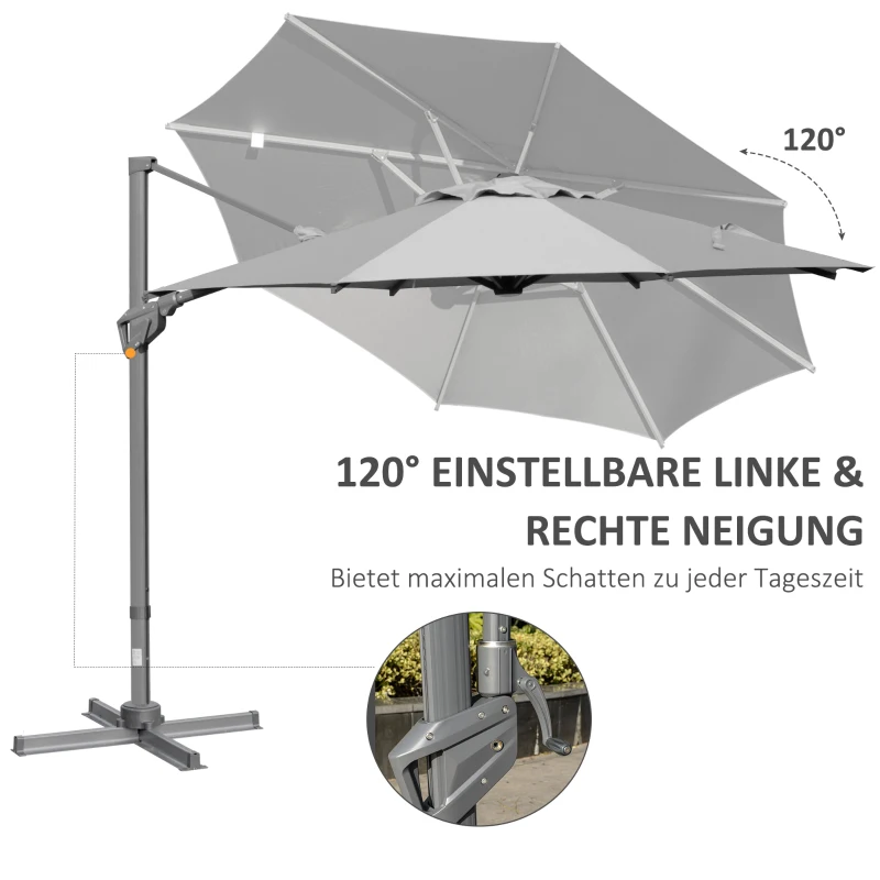 Outsunny parasol Ø300 cm, slingerparasol, vrijdragende parasol, hoek verstelbaar, grijs