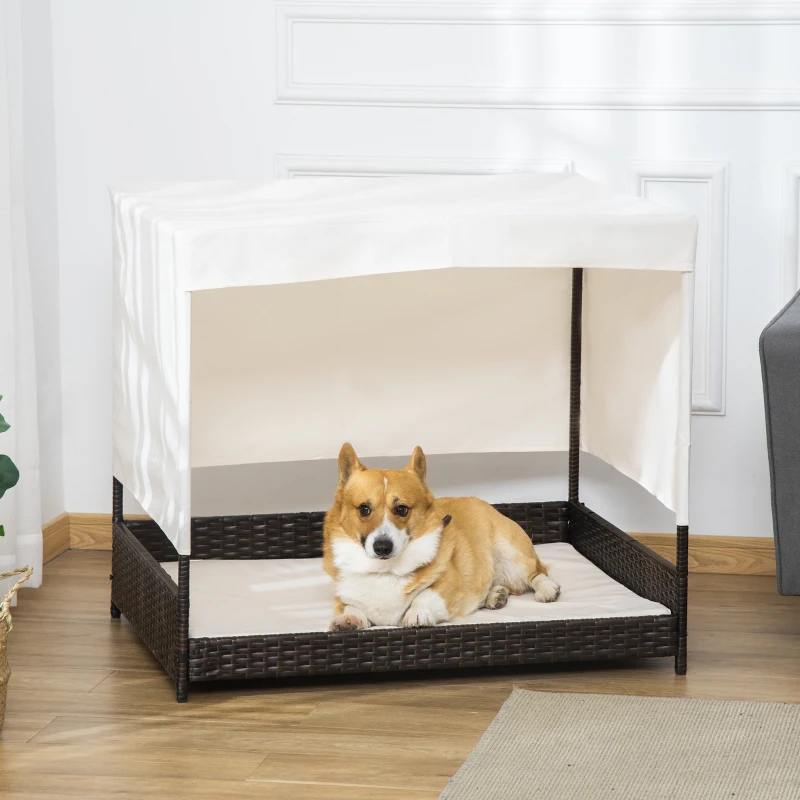 PawHut Rotan Hondenhok met Kussen Hondenbed Dak Hondenkennel Kussen Stalen Frame