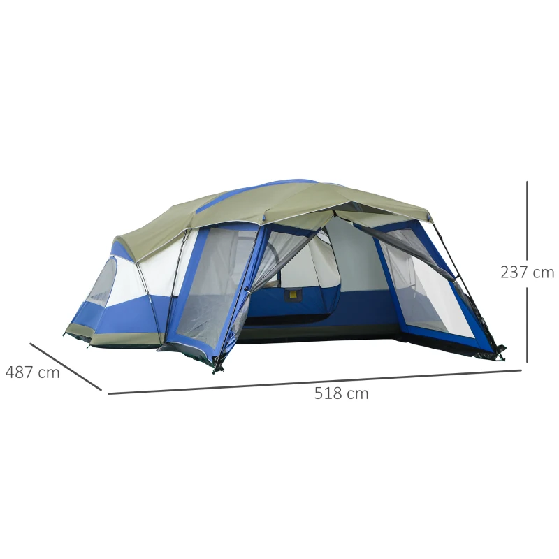Outsunny Camping Tent 6-8 Persoons Familietent met Vestibule Glasvezel Blauw