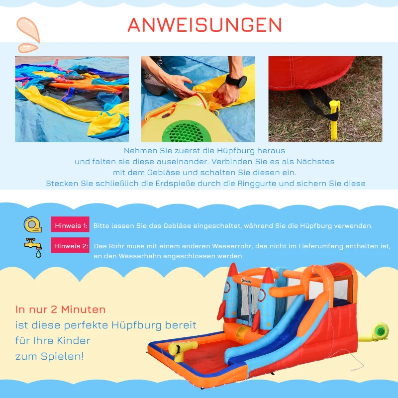 Outsunny Opblaasbaar Springkasteel met Blower voor 4 Kinderen Raketpatroon