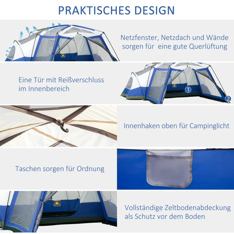Outsunny Camping Tent 6-8 Persoons Familietent met Vestibule Glasvezel Blauw